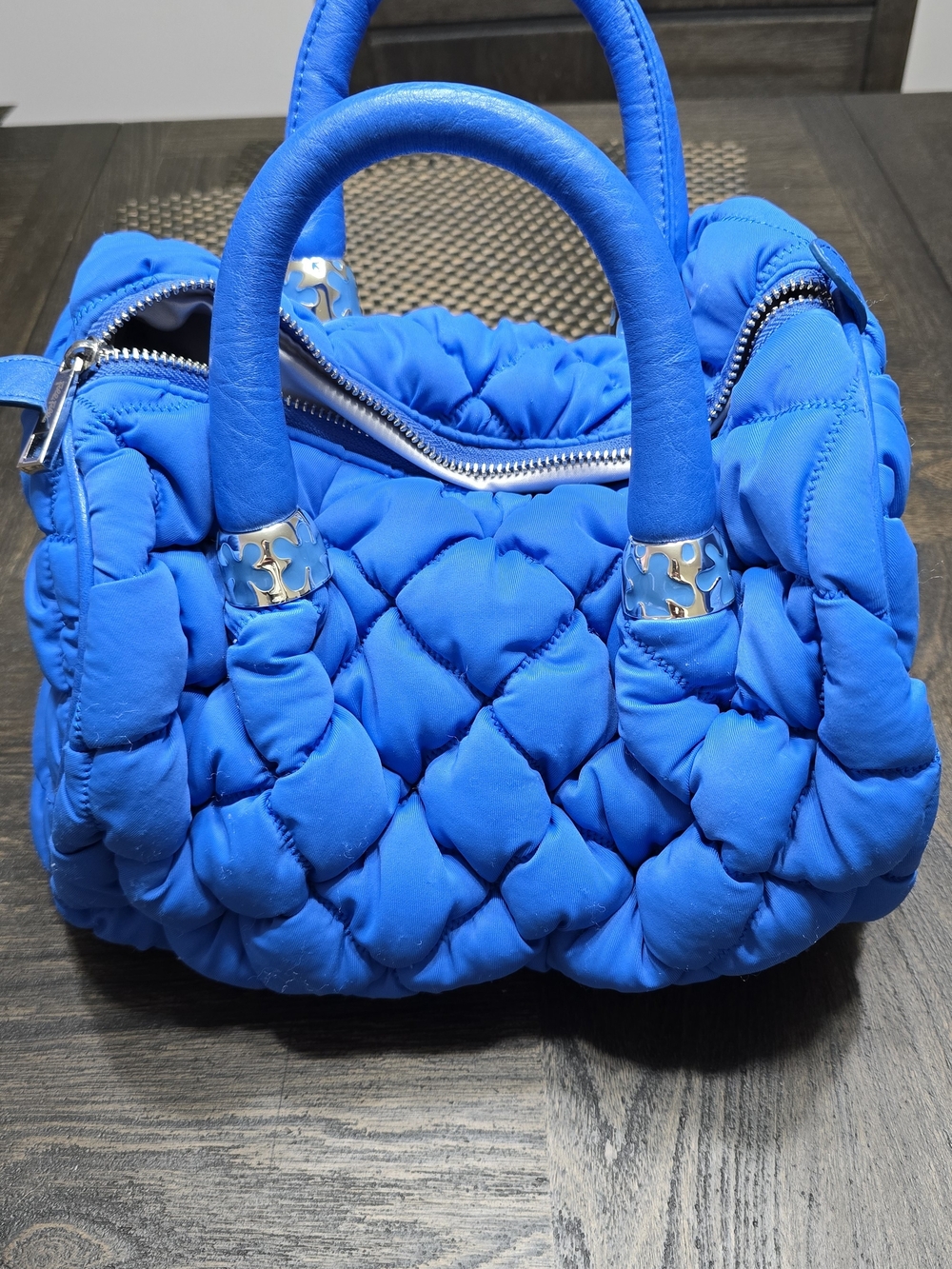 Quilted Puffer Top-Handle Shoulder Bag in Vivid Blue